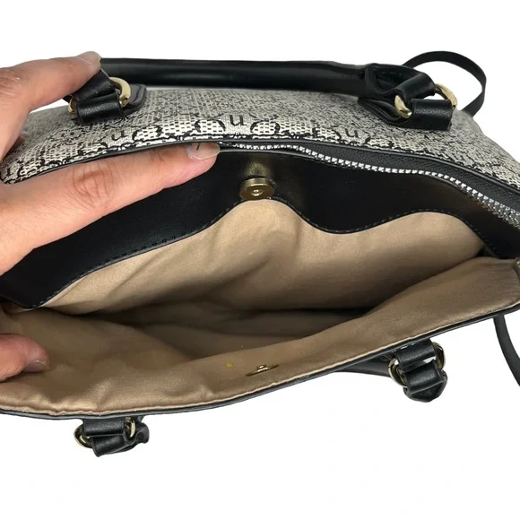 Nanette Lepore Gray Black Logo Print Zip Top Dome Satchel Crossbody Bag - Picture 7 of 13